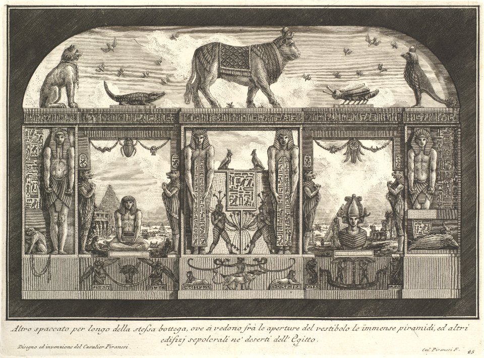Egyptian decoration of the Caffè degli Inglesi- Animals on the cornice, including a bull at the center, from Diverse Maniere d'adornare i cammini... (Diverse Ways of ornamenting chimneypieces...) MET DP105016