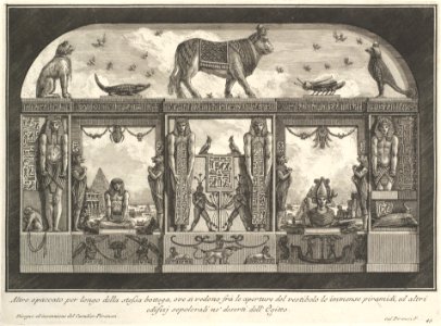 Egyptian decoration of the Caffè degli Inglesi- Animals on the cornice, including a bull at the center, from Diverse Maniere d'adornare i cammini... (Diverse Ways of ornamenting chimneypieces...) MET DP105016