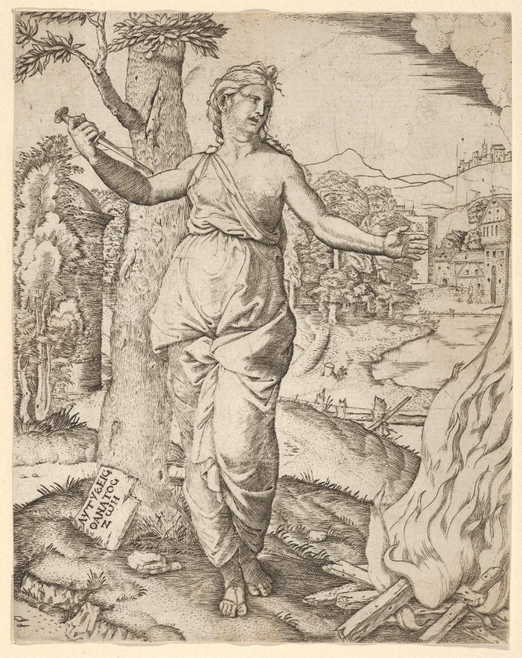 Dido holding a dagger in her right hand, left arm outstreched MET DP854398