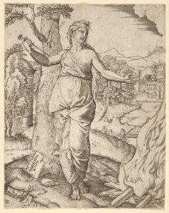 Dido holding a dagger in her right hand, left arm outstreched MET DP854398