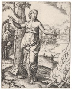 Dido holding a dagger in her right hand, left arm outstreched MET DP854396