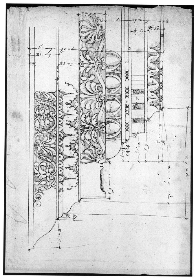 Domus Augustiana, cornice, elevation in profile, ornamental detailing (recto) Unidentified, cornice, elevation in profile, ornamental detailing (verso) MET sf68 769 16r-MM43638