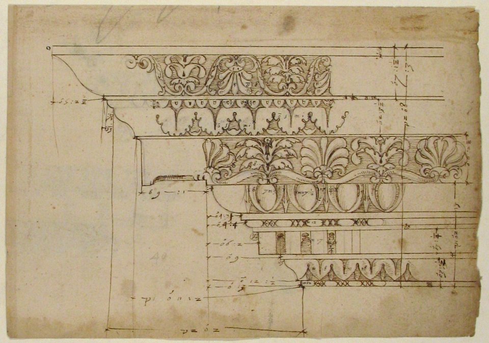 Domus Augustiana, cornice, elevation in profile, ornamental detailing (recto) Unidentified, cornice, elevation in profile, ornamental detailing (verso) MET 68.769.16recto