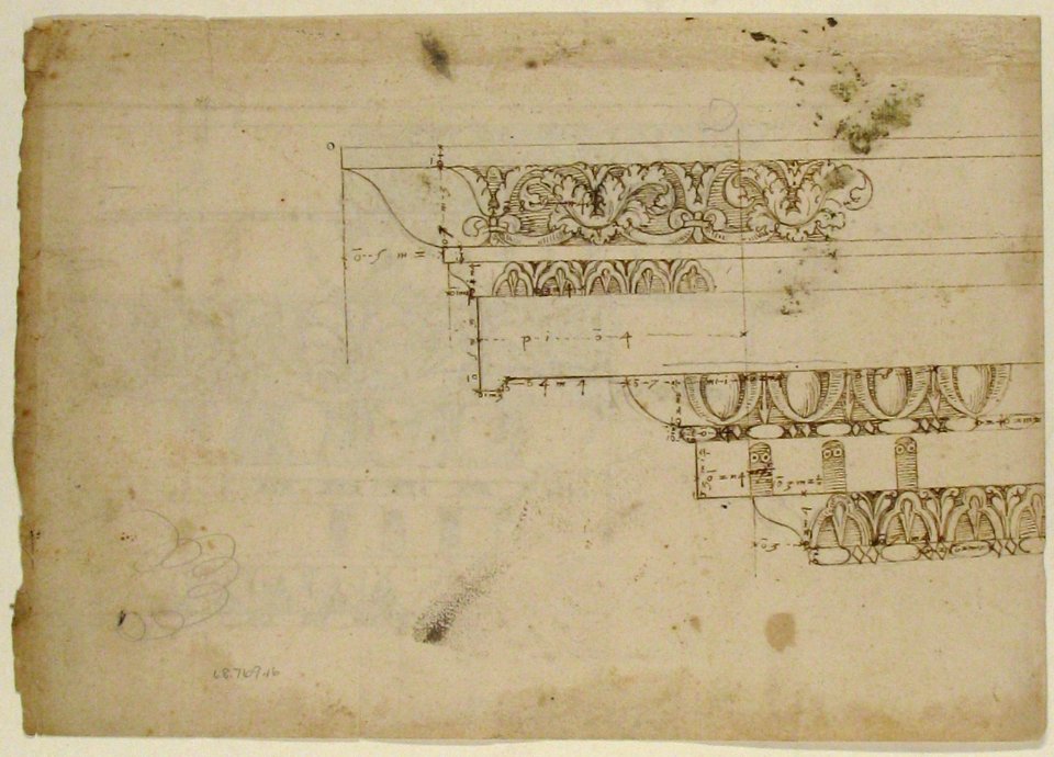 Domus Augustiana, cornice, elevation in profile, ornamental detailing (recto) Unidentified, cornice, elevation in profile, ornamental detailing (verso) MET 68.769.16verso