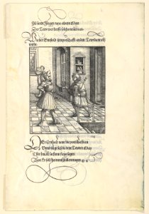 Ehrenhold Delivering Ehrenreich's Message to Theuerdank, from -Theuerdank- Die geuerlicheiten vnd einsteils der geschichten des loblichen streytparen vnd hochberümbten helds vnd Ritters herr Tewrdannckhs MET DP834036
