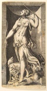 Diana the huntress acompanied by her dogs standing in a niche MET DP812750
