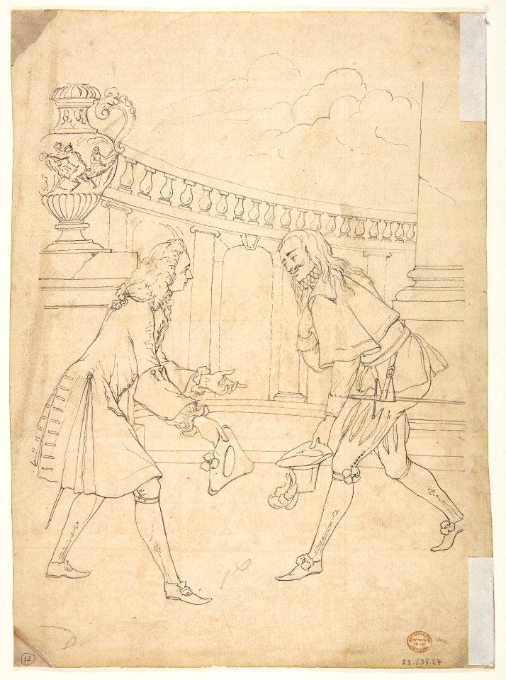 Eighteen Scenes of Courtship (recto), Study of Two Men Meeting Before a Portico MET DP812515