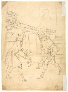 Eighteen Scenes of Courtship (recto), Study of Two Men Meeting Before a Portico MET DP812515