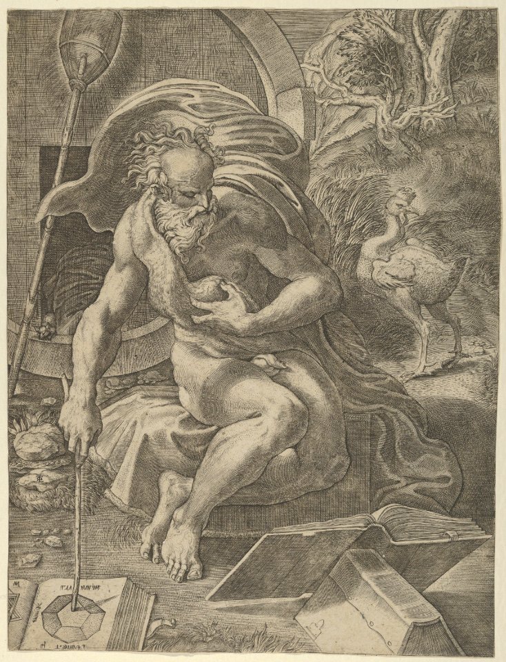 Diogenes seated with his barrel behind him, and reading a book while holding a stick that rests on a geometry book to his right MET DP851666