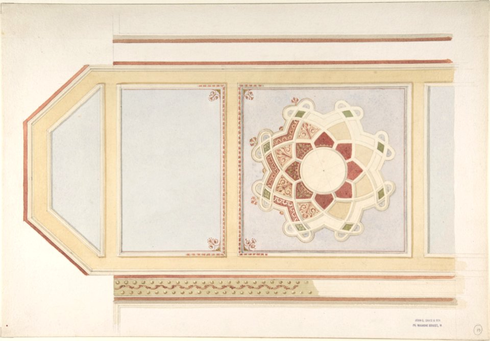 Design for Ceiling in Four Parts, One Decorated with a Compass Motif, in Rust and Olive Green, Moorish Motifs MET DP805629