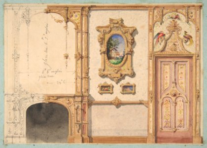 Design for the decoration of a wall punctuated by a fireplace and a door and hung with gold-framed pictures MET DP811575