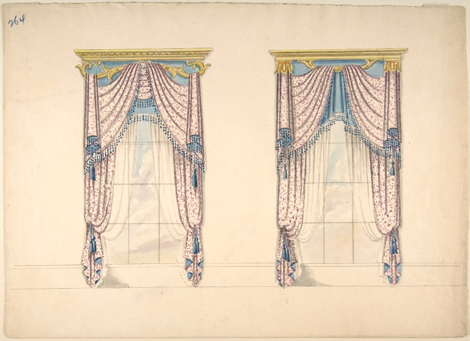 Design for Pink, White and Blue Curtains with Blue Fringes, and Gold and Blue Pediments MET DP807201