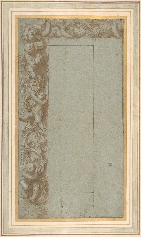 Design for Ornamental Border with Foliage, Putti and a Lion's Head., Alessandro Allori, between 1535 and 1607