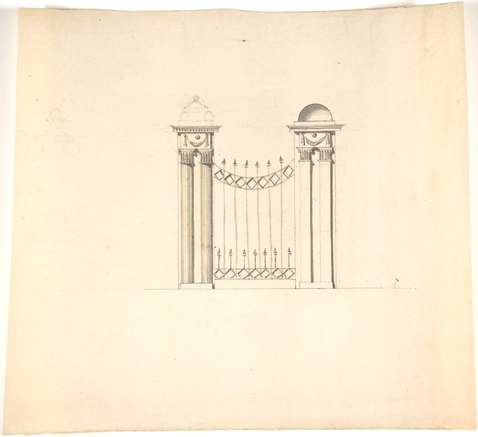 Design for Gate Piers with Paired Pilasters and Domed Caps, and a Gate MET DP806380