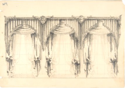 Design for Fringed, Pelmeted Curtains Hanging at Three Widows MET DP807406