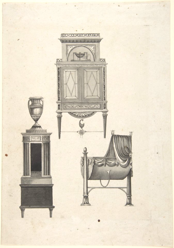 Design for furniture in a variation on the style of Thomas Sheraton, a desk or bookcase, a plate-warmer (?) pedestal, and a cradle MET DP803588
