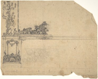 Design for left-hand side of a side-board, framed by sconces with putti MET DP806990