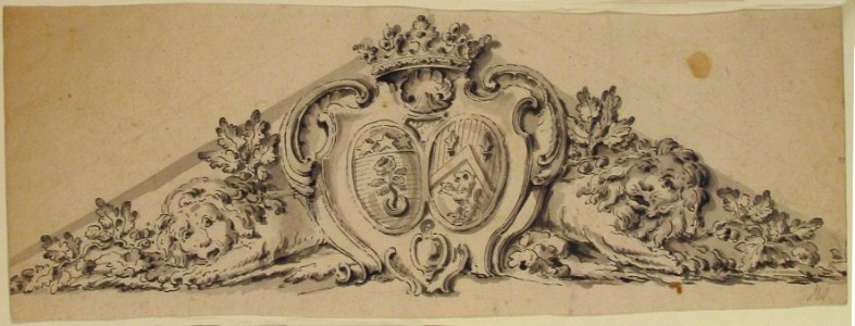 Design for Pediment with Two Heraldic Crests, Lions and a Crown MET 49.50.116. Free illustration for personal and commercial use.