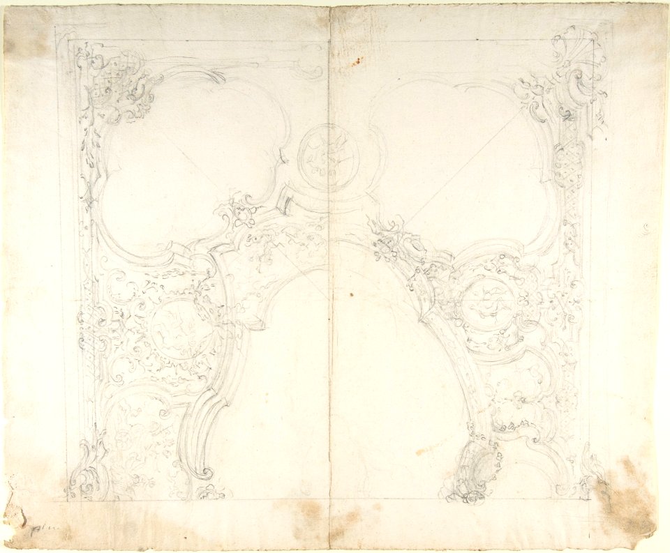 Design for One Half of a Ceiling with Medaillons with Figure Sketches Inside (recto); Design for an Interior Wall Elevation (verso) MET DP801435