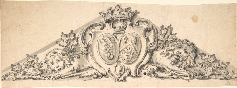 Design for Pediment with Two Heraldic Crests, Lions and a Crown MET DP808587. Free illustration for personal and commercial use.