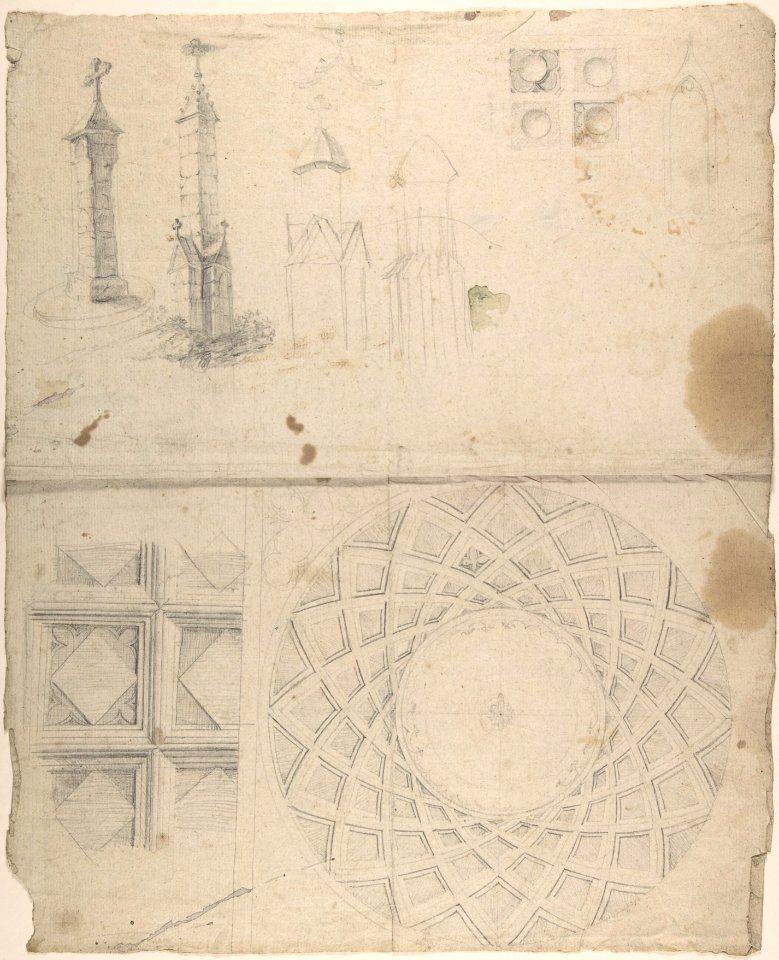 Design for coffered cupola interior and monuments (recto); details of wall decoration (verso) MET DP804518