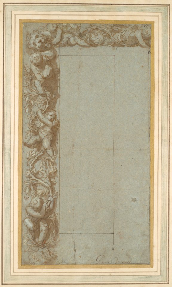 Design for Ornamental Border with Foliage, Putti and a Lion's Head. MET DP108426