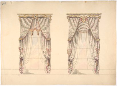 Design for Pink, Green and White Curtains with Pink and Gold Fringes and a Gold and White Pediment MET DP807342