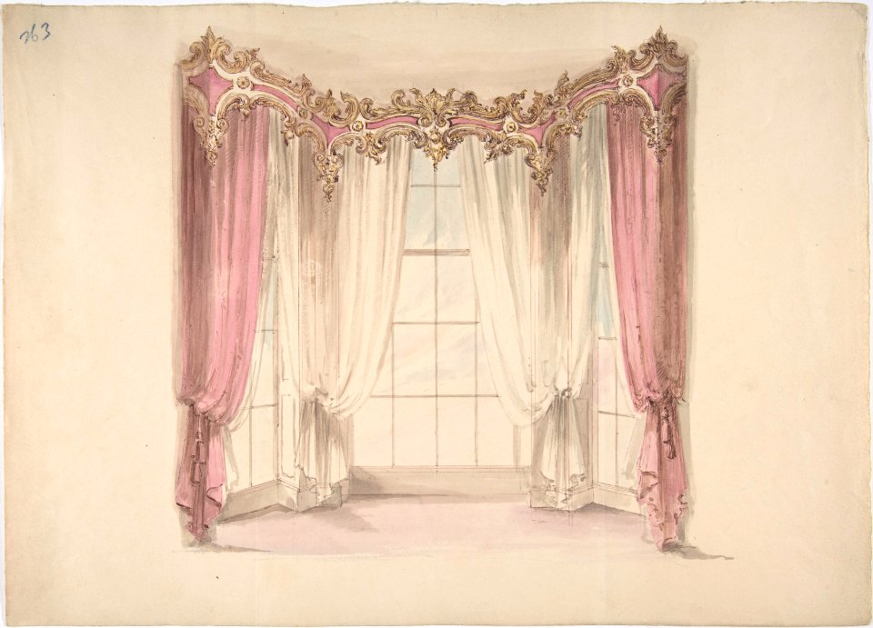Design for Pink Curtains and White Inner Curtains, with a Gold, White and Pink Pediment MET DP807335
