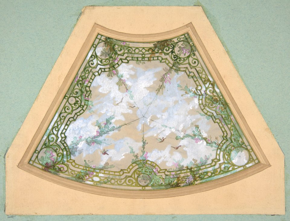 Design for one section of a ceiling painted in trompe l'oeil iron work with flowering vines and birds MET DP811708