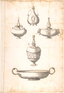 Design for Shallow Two Handled Dish and Four Perfume Bottles MET DP801821. Free illustration for personal and commercial use.