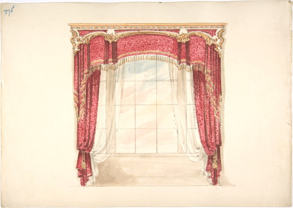 Design for Red Curtains with Gold Fringes and Gold and White Pediment MET DP807333