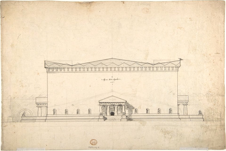 Design for the Corner of a Decoration (recto); Sketch of Monumental Building with Four Temple-Front Entrances (verso) MET DP807107