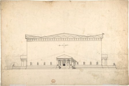 Design for the Corner of a Decoration (recto); Sketch of Monumental Building with Four Temple-Front Entrances (verso) MET DP807107