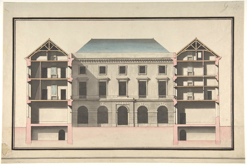 Design for the Collège de France, Paris- Elevation of Court Front with Traverse Sections Through Side Court Wings MET DP809679