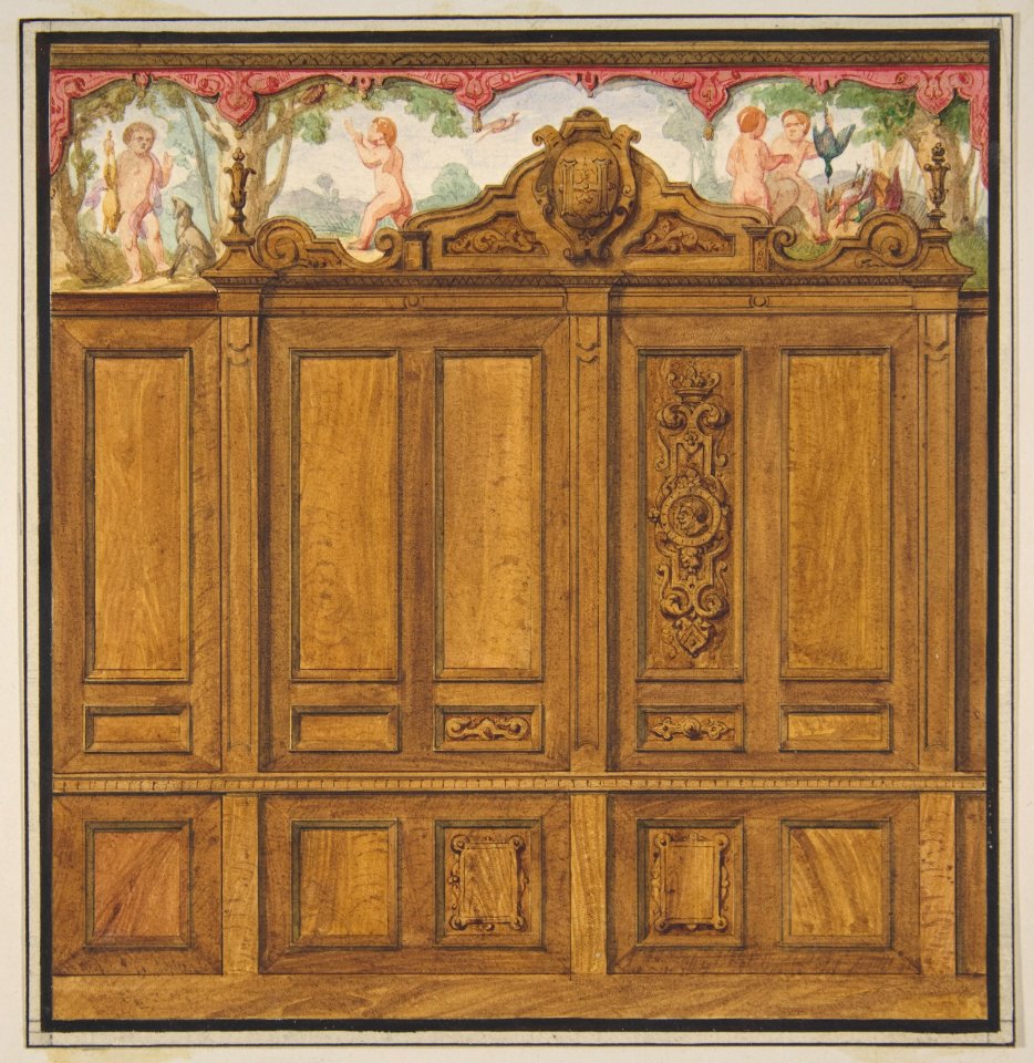 Design for the decoration of a room with a large wood-paneled cupboard surmounted by the monogram- H MET DP811229