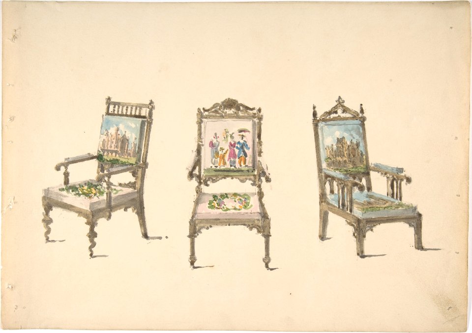 Design for Three Armchairs with Pictorial Upholstery MET DP807157