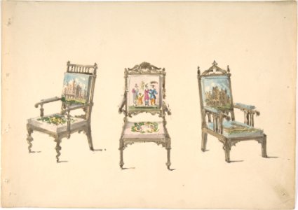 Design for Three Armchairs with Pictorial Upholstery MET DP807157