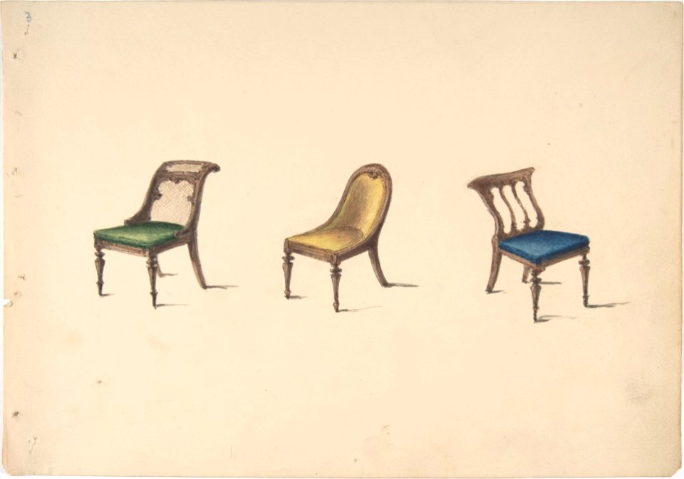 Design for Three Chairs with Slanted Backs, Green, Yellow and Blue Upholstery MET DP807162