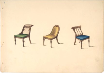 Design for Three Chairs with Slanted Backs, Green, Yellow and Blue Upholstery MET DP807162