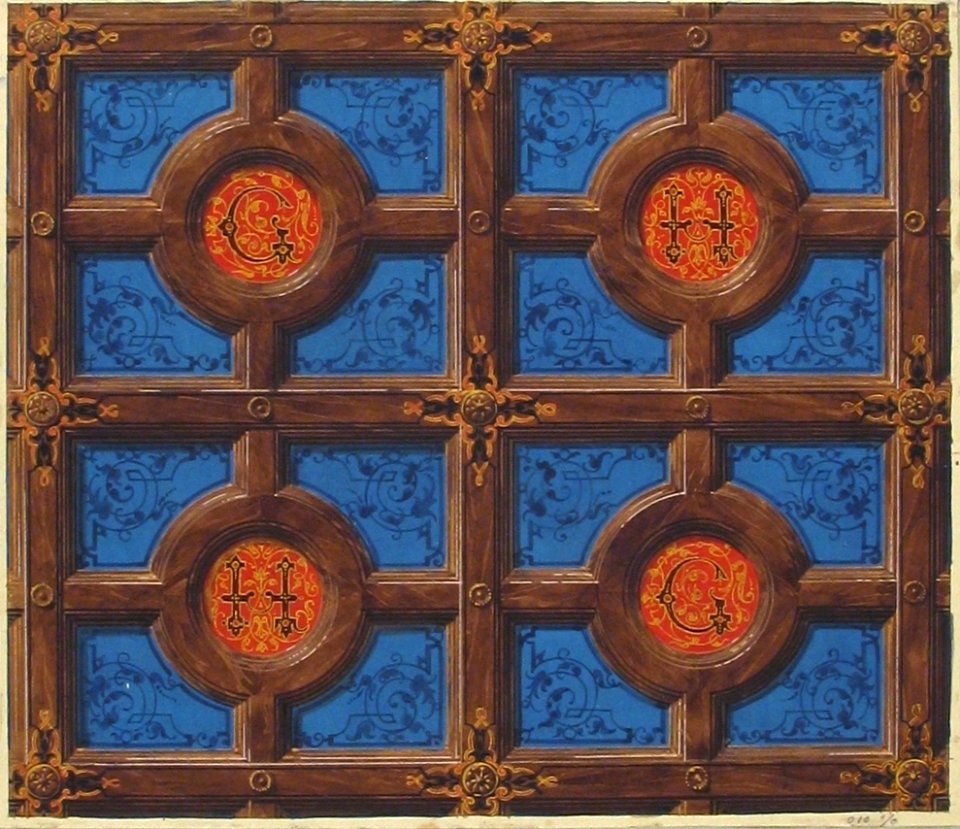 Design for the painted decoration of a coffered ceiling incorporating initials (G and H) for a house on the rue de Clichy MET 67.827.218