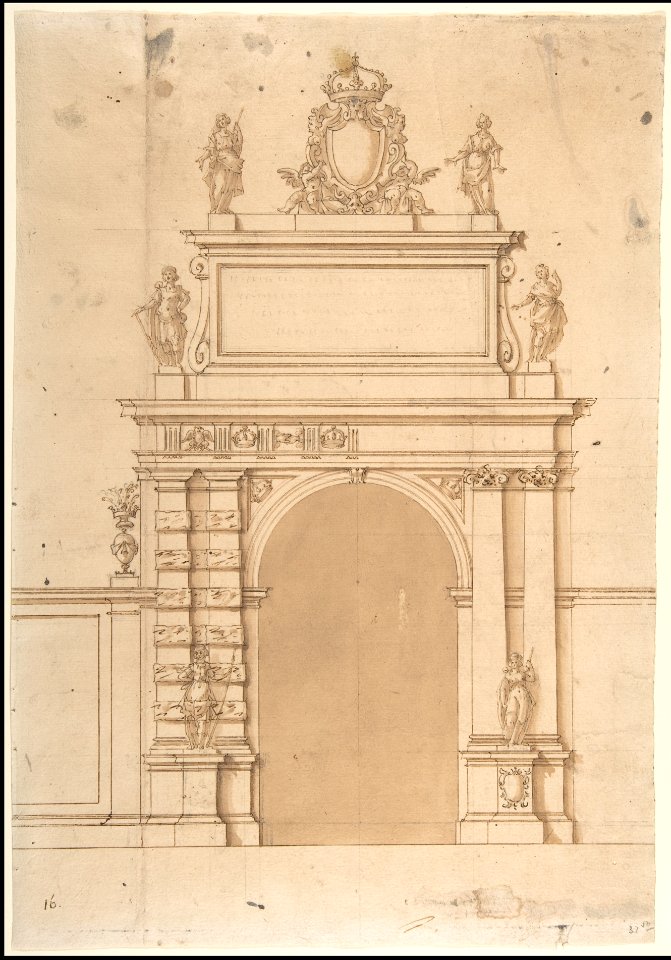 Design for the Triumphal Arch at the Porta Ticinese in Milan, with the Imperial Arms of the Hapsburg and Allegorical Figures MET DP802728