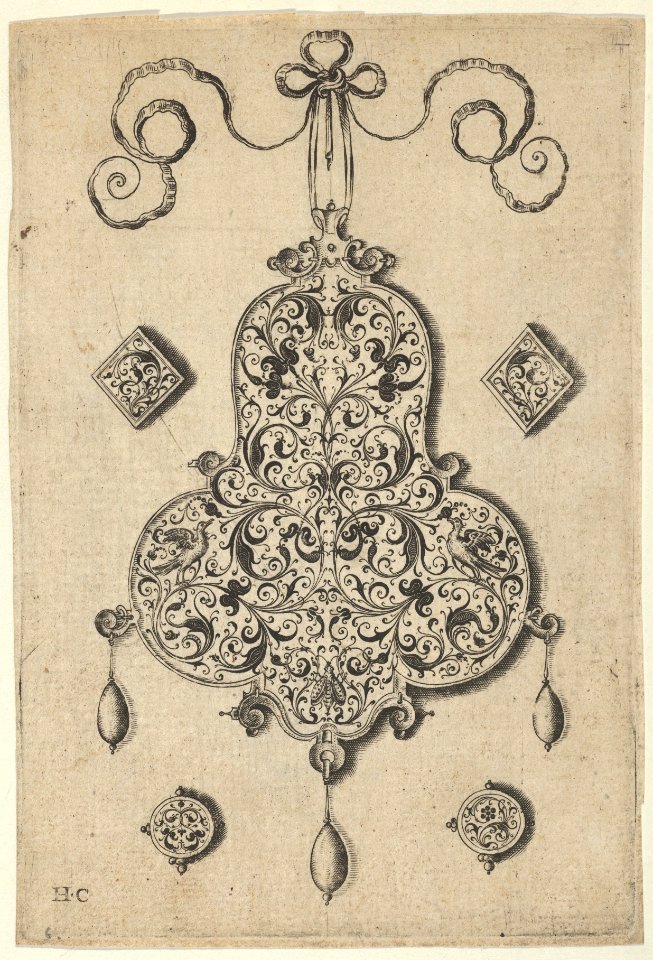 Design for the Verso of a Pear-Shaped Pendant Flanked by Lozenge Ornaments and Circular Ornaments Below MET DP837378