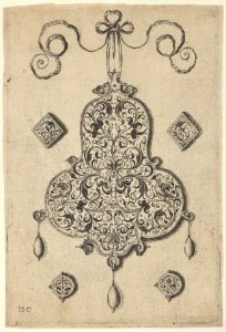 Design for the Verso of a Pear-Shaped Pendant Flanked by Lozenge Ornaments and Circular Ornaments Below MET DP837378