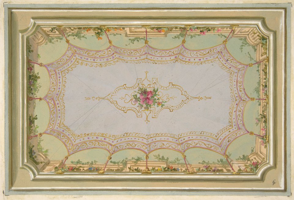 Design for the painted decoration of a ceiling with a trompe l'oeil canopy and roses MET DP811425