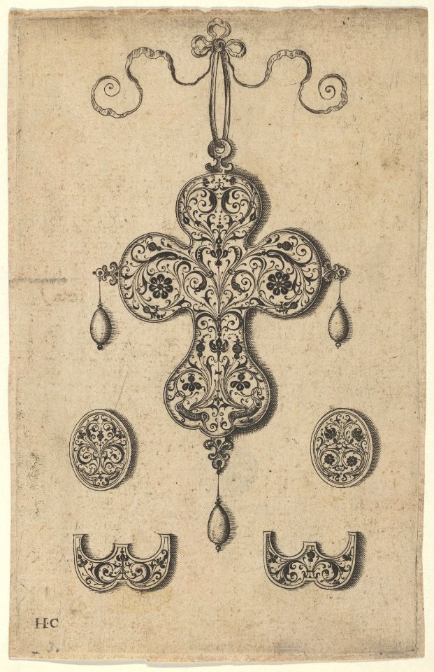 Design for the Verso of a Cross-Shaped Pendant Above a Pair of Oval Ornaments and Axe-Shaped Ornaments MET DP837399