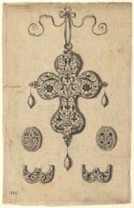 Design for the Verso of a Cross-Shaped Pendant Above a Pair of Oval Ornaments and Axe-Shaped Ornaments MET DP837399