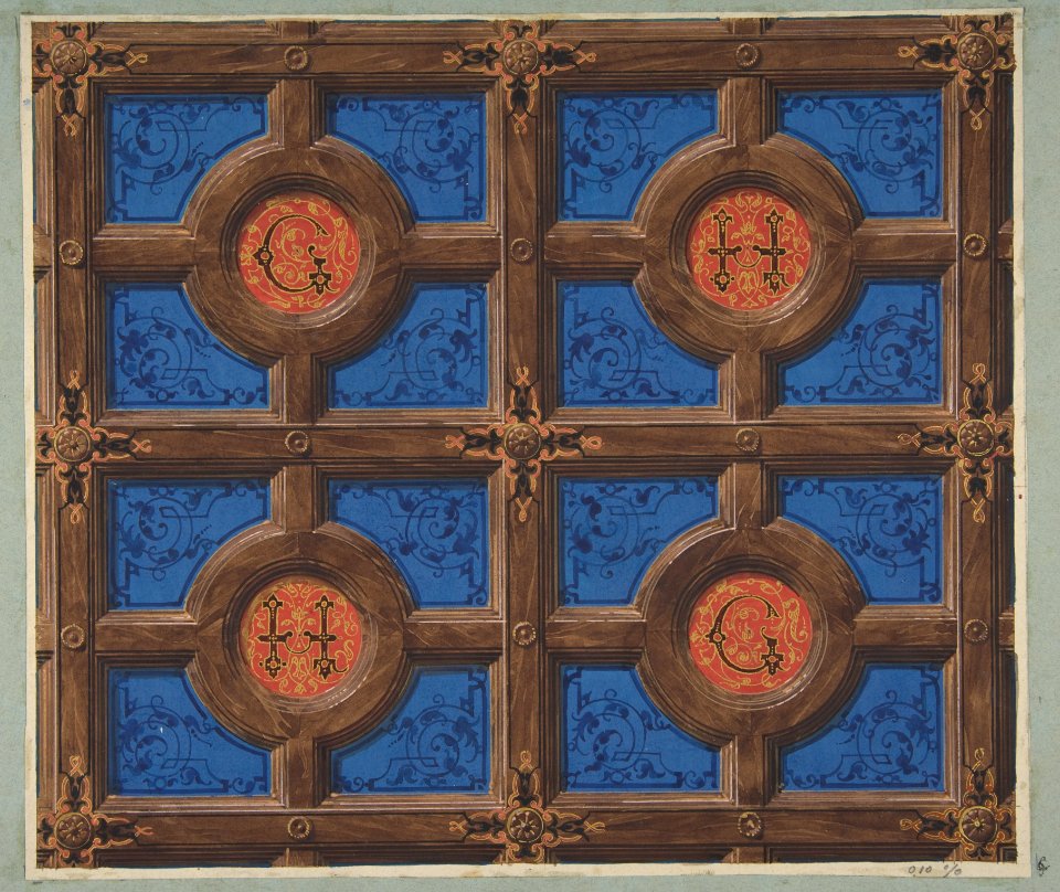 Design for the painted decoration of a coffered ceiling incorporating initials (G and H) for a house on the rue de Clichy MET DP811234