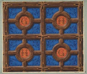 Design for the painted decoration of a coffered ceiling incorporating initials (G and H) for a house on the rue de Clichy MET DP811234
