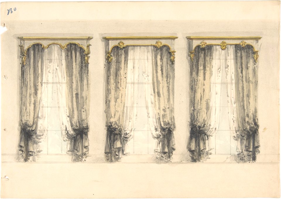 Design for Three Sets of Gray Curtains , with Gray and Gold Pediments MET DP807407