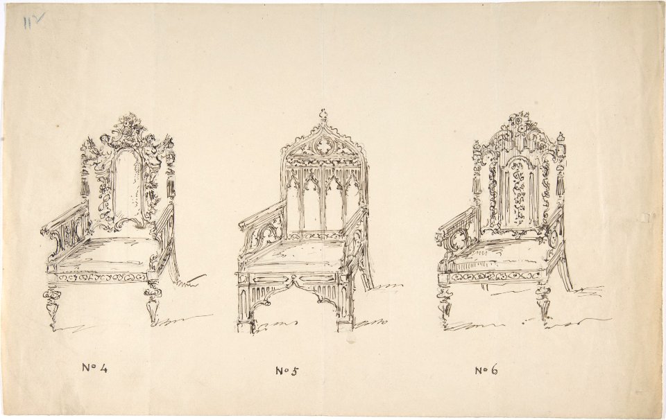 Design for Three Low Gothic or Renaissance Style Arm Chairs MET DP807150